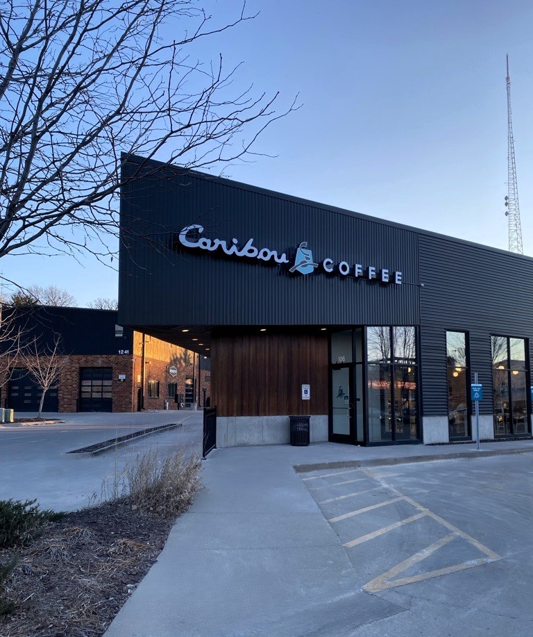 Storefront of the Caribou Coffee at 1231 Keosauqua Way in Des Moines