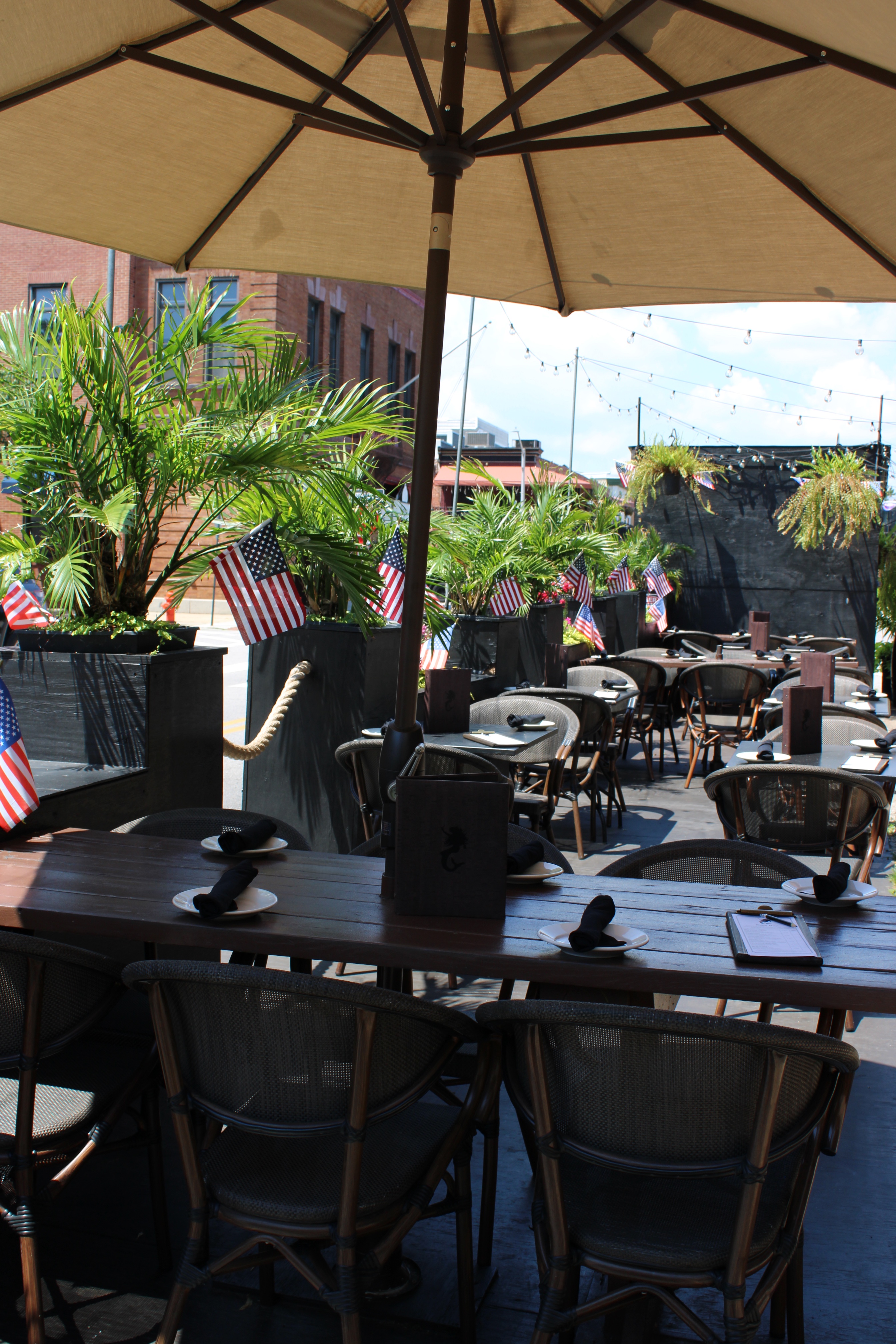 Mama's On The Half Shell Baltimore Outdoor Dining Area dressed in American flags for Fourth of July 
