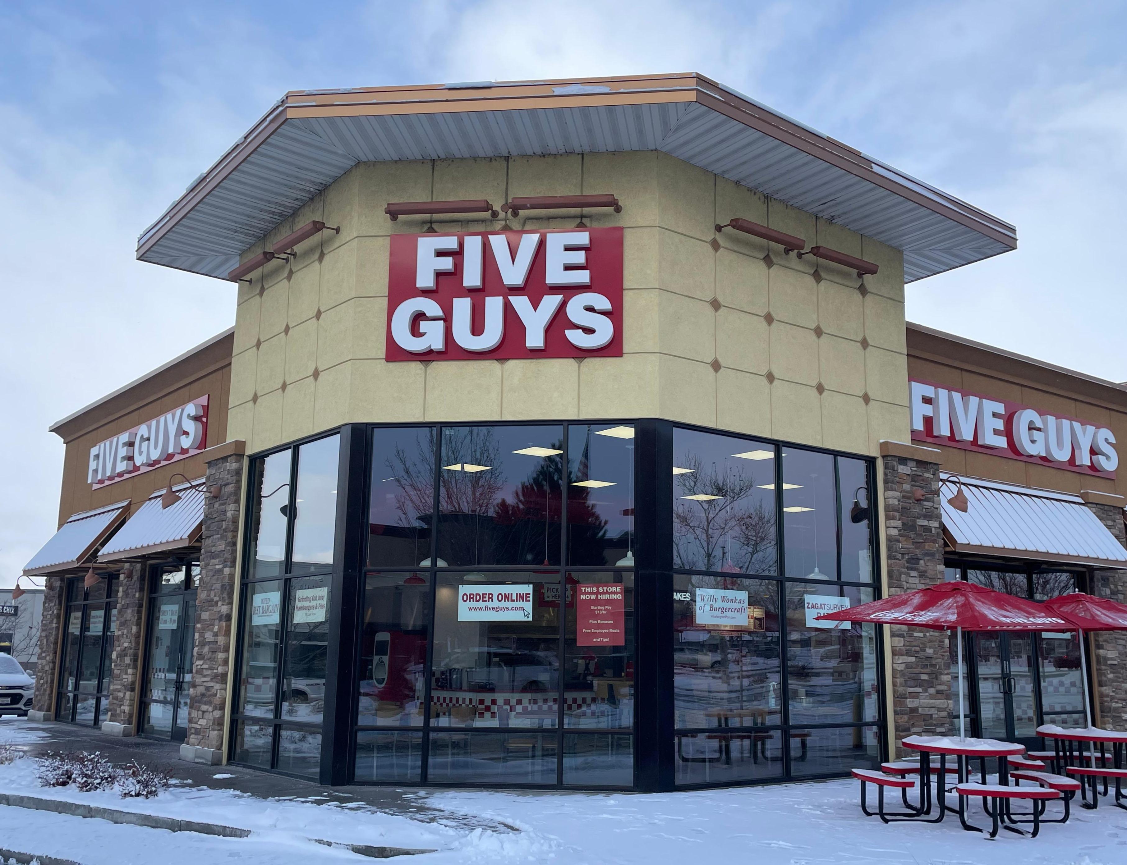 Exterior photograph of the Five Guys restaurant at 209 NW State Street in American Fork, Utah.