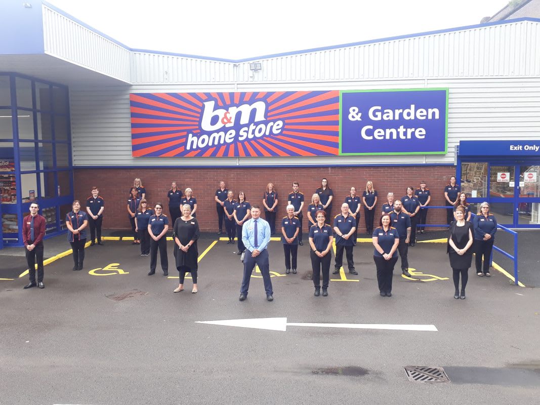 The store team at B&M's newest store in Kidderminster (Spennells) pose in front of their wonderful new Home Store & Garden Centre, located located out of town at Kidderminster Industrial Estate, Spennells Valley Road.