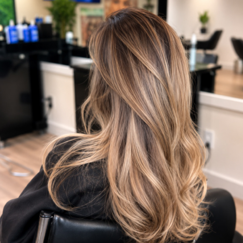 Beautiful dimensional blonde created with a customized combination of highlights, babylights, and ai 