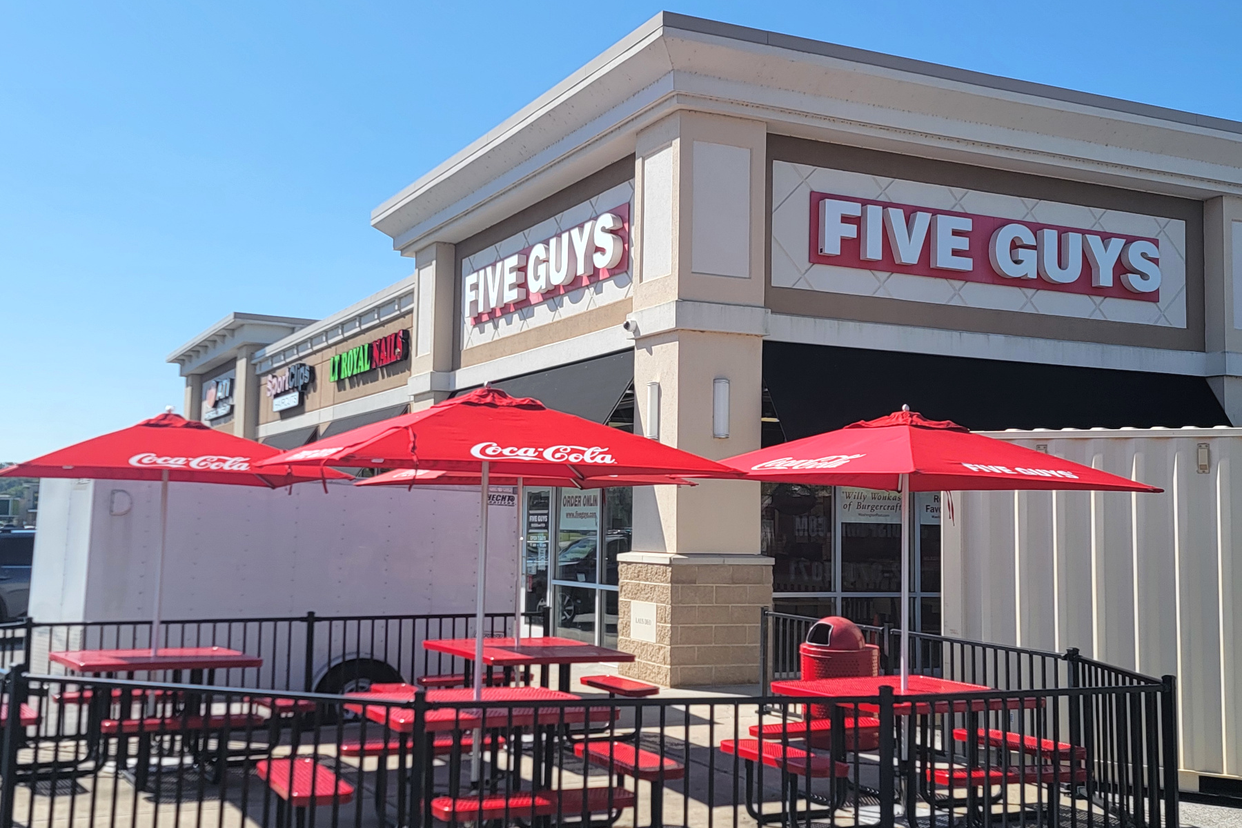 Exterior photograph of the Five Guys restaurant at 5399 S. US Highway 41 in Terre Haute, Indiana. 