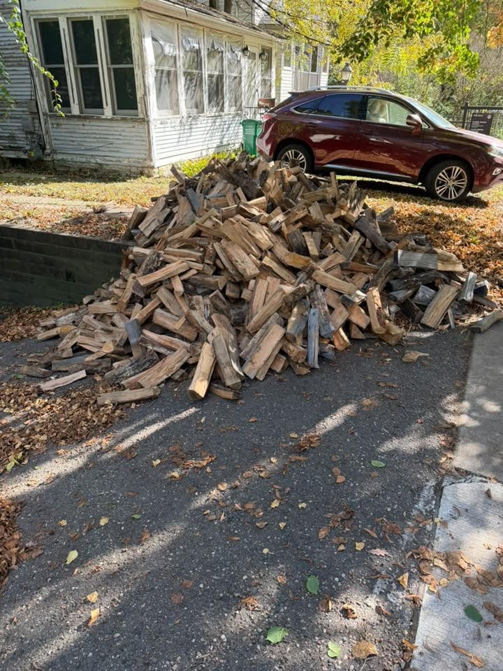 A large, neatly unloaded pile of split hardwood firewood resting on an asphalt driveway during the fall season. Dry, colorful autumn leaves are scattered around the base of the pile, with a dark red SUV parked in the background in front of a residential home.