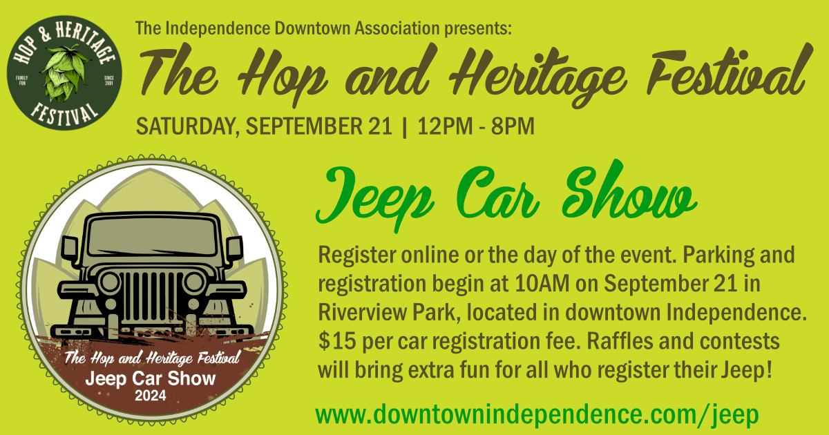 We are sponsoring the first Jeep Show at The Hope and Heritage Festival with the Independence Downtown Association

If you'd like to join the jeep show, please register with the following link: www.downtownindependence.com/jeep

It's going to be fun!