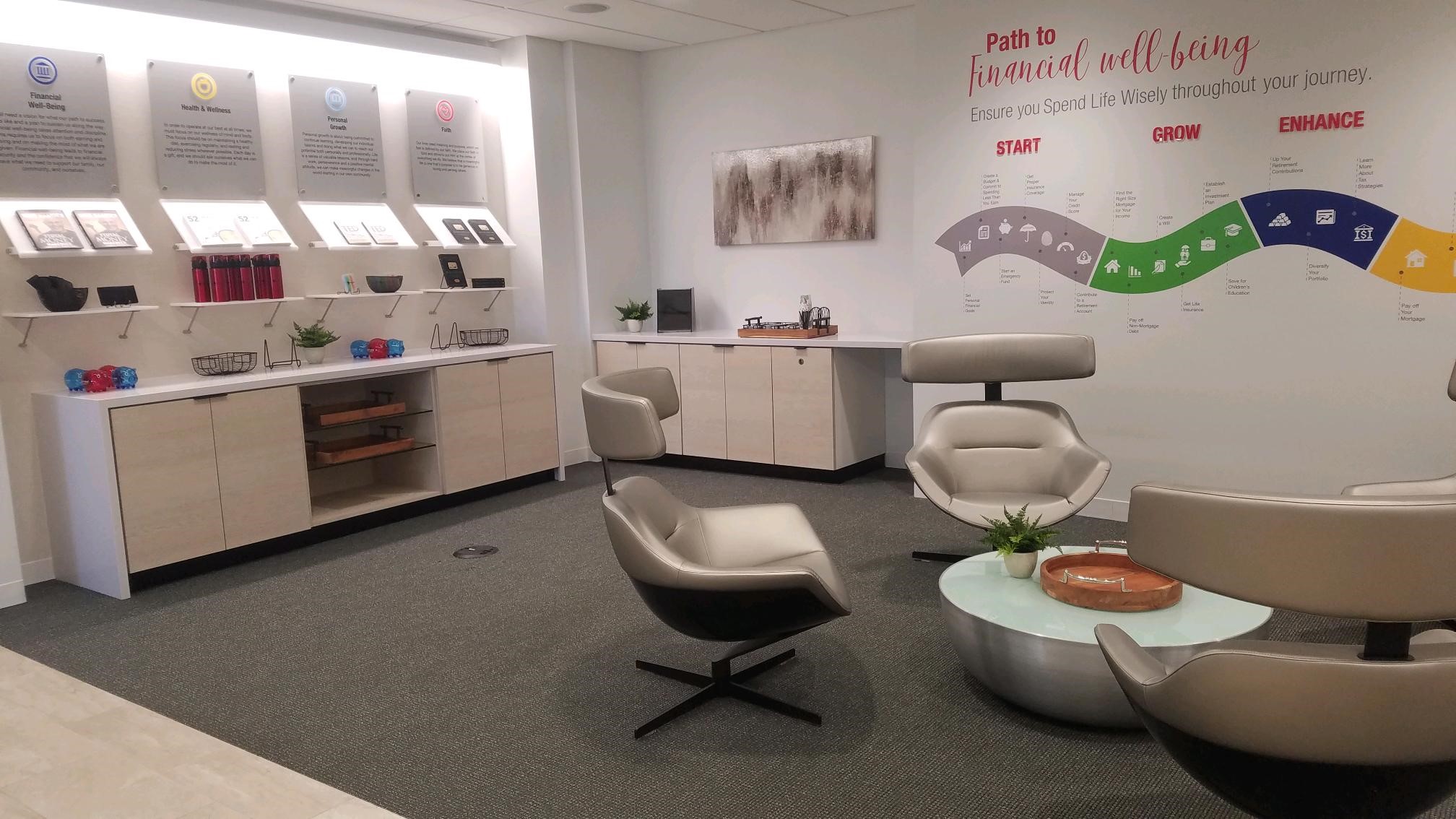 First United Bank - Dallas Preston Center - interior Spend Life Wisely books