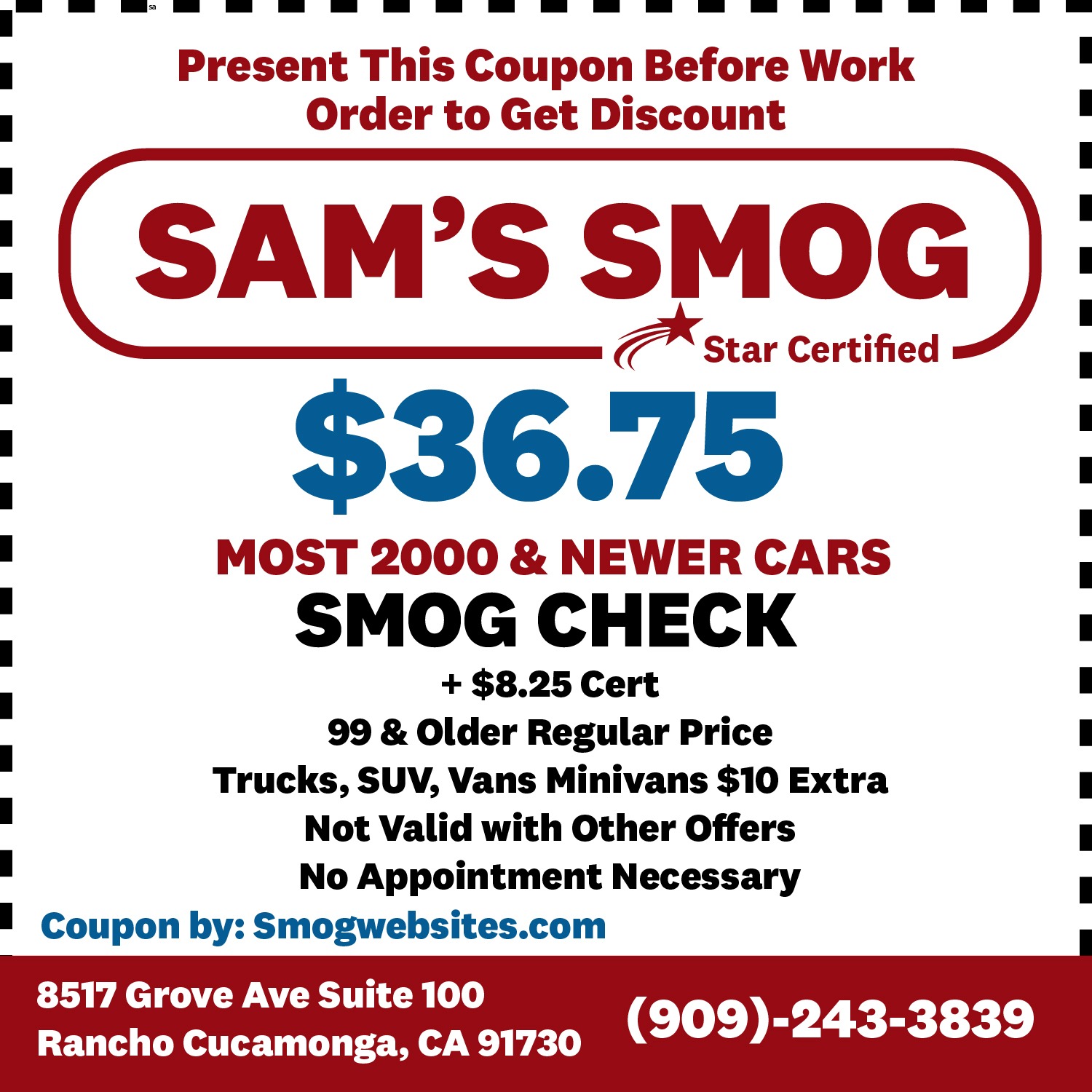 Smog Coupon Rancho Cucamonga
+$8.25 Cert
99 & Older Regular Price
Trucks, SUVs & Minivans $10 Extra, Pass Or Free Re-Test