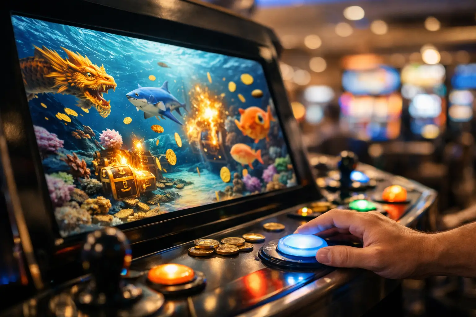 A close-up shot of a person's hand pressing a glowing blue button on a slot machine. The screen of the machine displays a vibrant underwater scene with a golden dragon, a shark, colorful fish, treasure chests, and gold coins. The background is blurred, showing the lights of a casino.