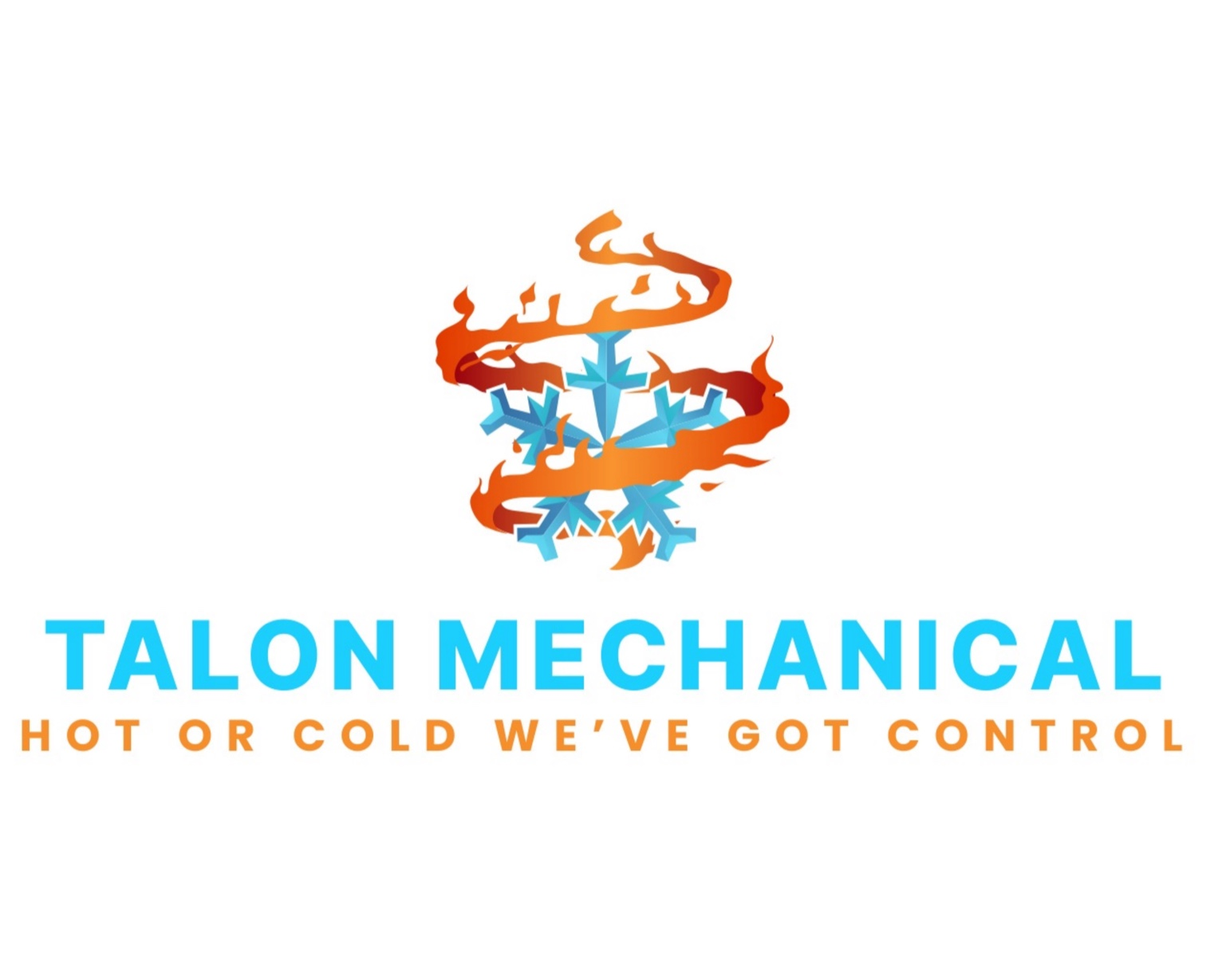 A logo for Talon Mechanical features a stylized snowflake with orange flames wrapped around it. Below the emblem, the words "TALON MECHANICAL" are displayed in large, cyan letters with a blue outline, followed by the tagline "HOT OR COLD WE'VE GOT CONTROL" in smaller, orange letters. The entire logo is set against a black background.