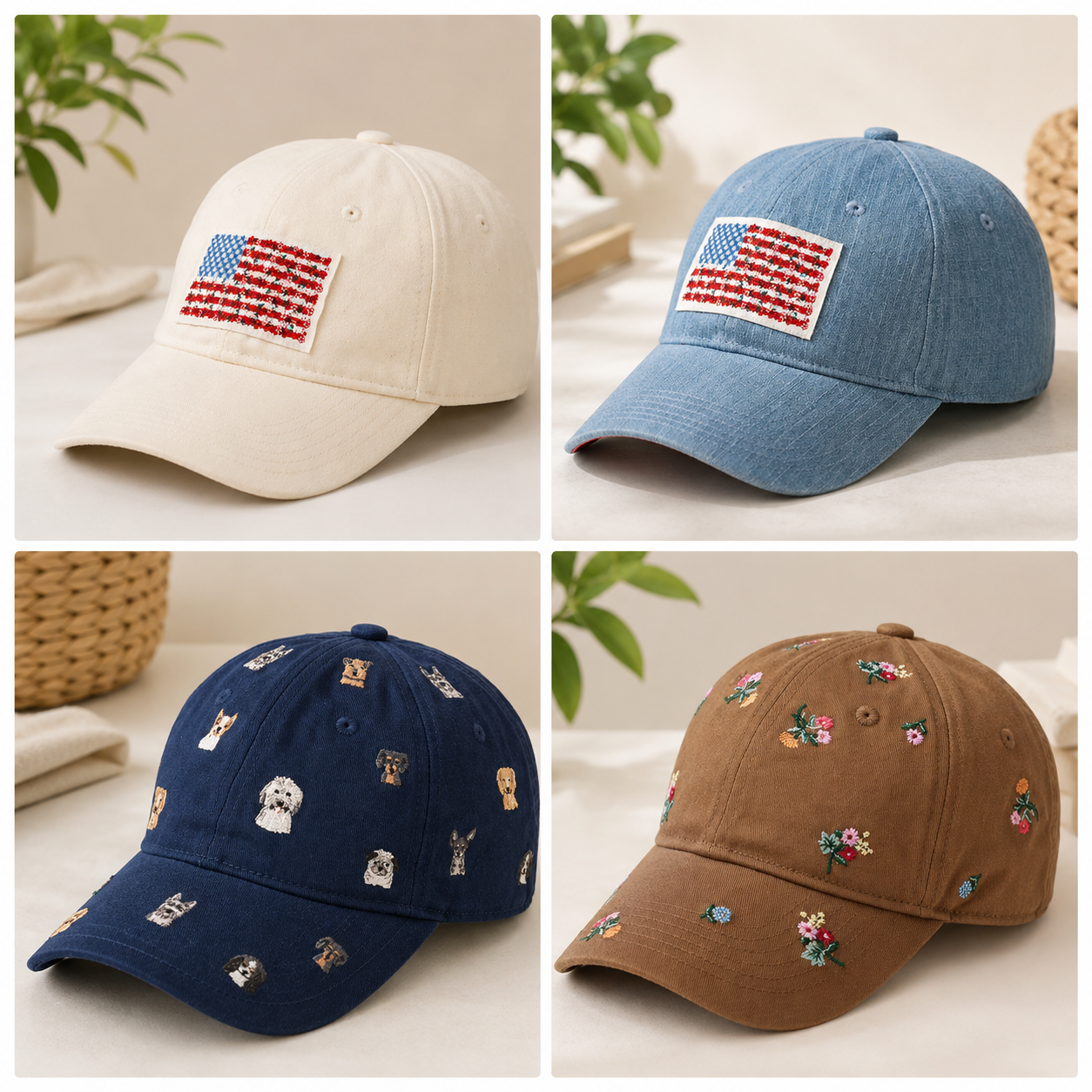 A collection of embroidered baseball caps featuring patriotic, floral, and pet-inspired designs. Casual headwear styles available in a variety of colors and patterns.