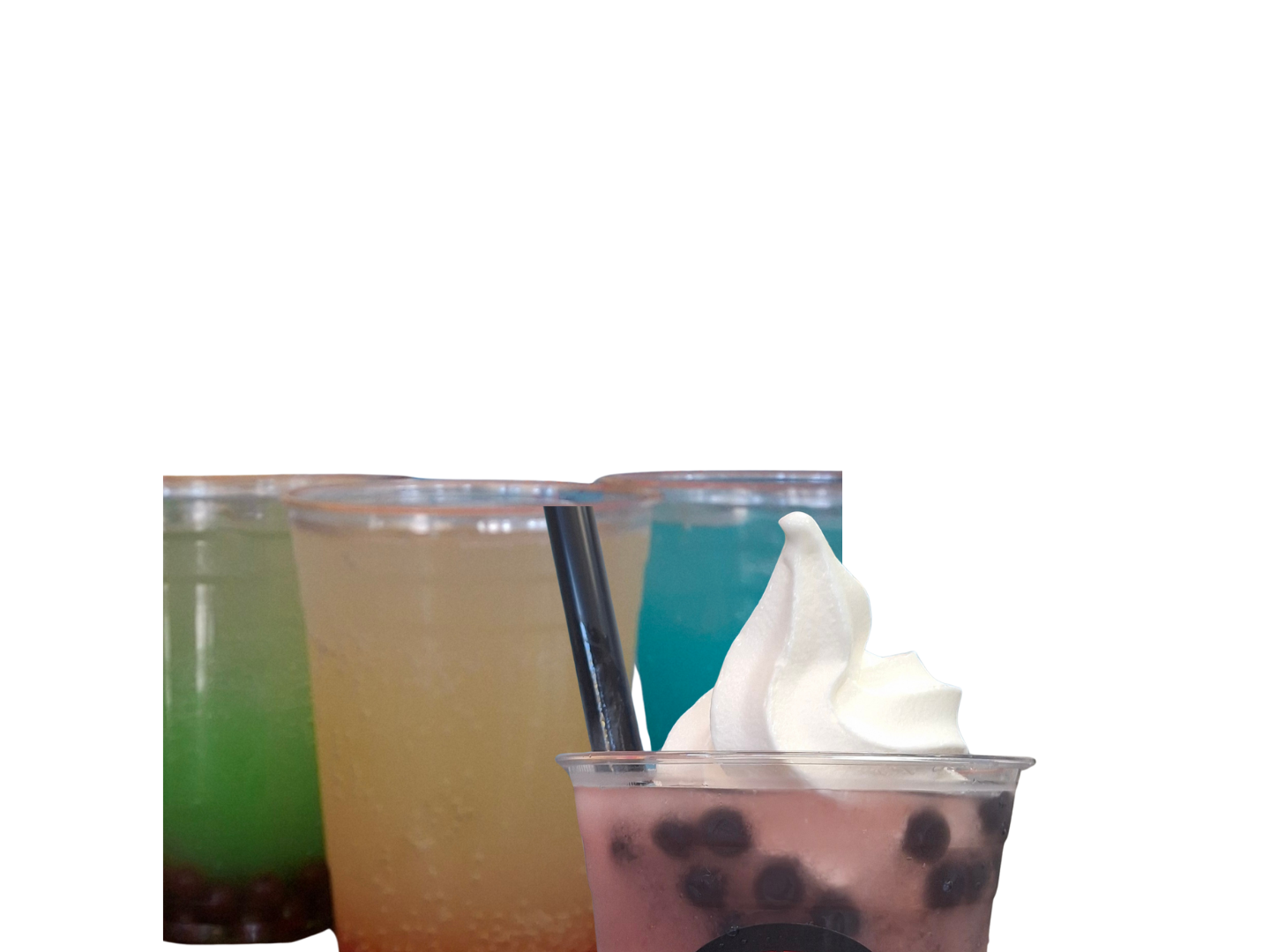 Colorful assortment of refreshing beverages in clear cups, including fruit-flavored drinks and bubble tea topped with soft serve ice cream. The vibrant presentation highlights variety, sweetness, and a fun, chilled treat perfect for warm weather enjoyment.