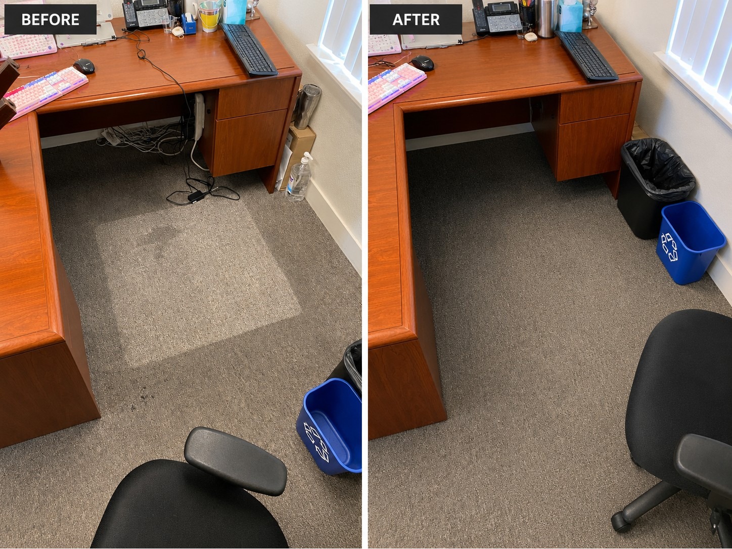 Before and after office carpet cleaning around a workstation, with debris removed and the floor left clean and fresh by Star's Janitorial Services.