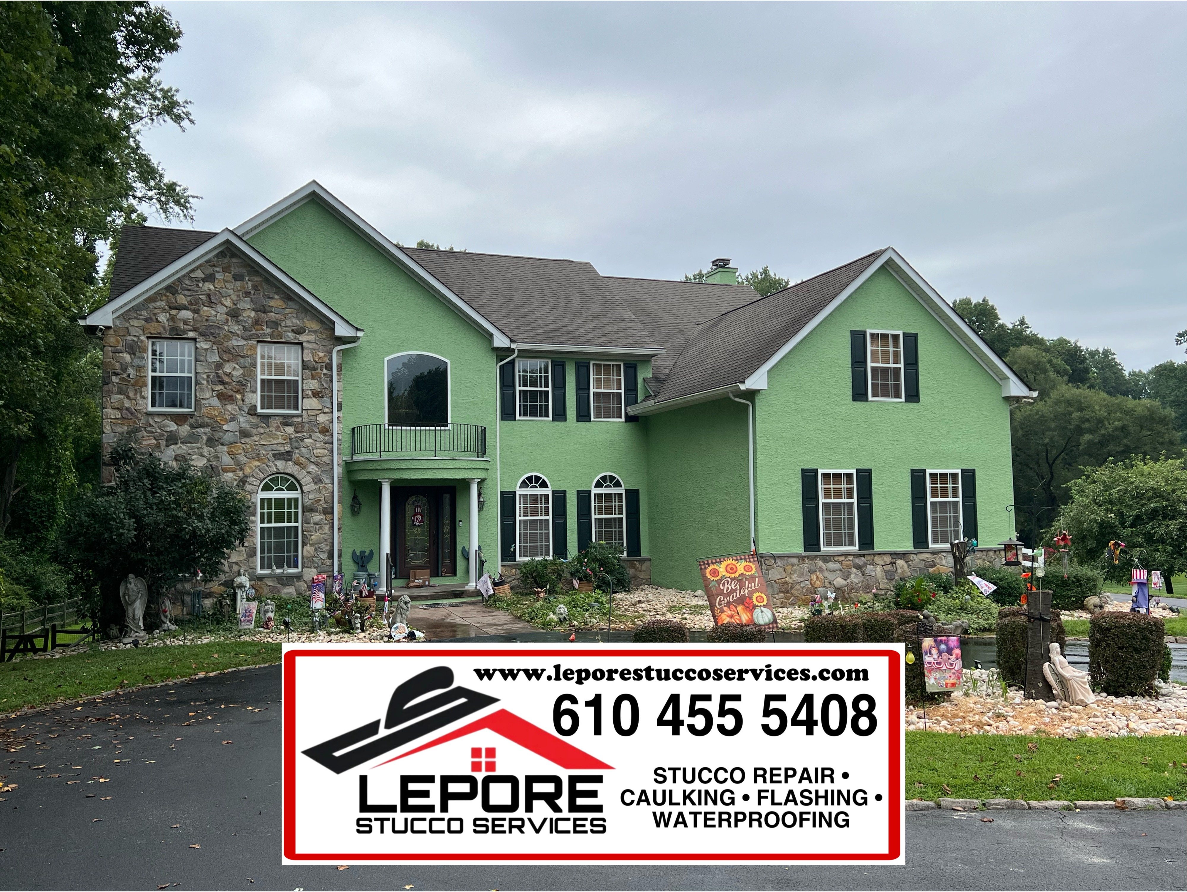 Completed exterior stucco project by LePore Stucco Services on a residential home near Avondale, PA. This image showcases a finished stucco exterior with clean detailing, professional application, and durable weather-resistant materials. LePore Stucco Services provides expert stucco repair, caulking, flashing, and waterproofing services for homes throughout Chester County, Pennsylvania and nearby areas of Delaware.