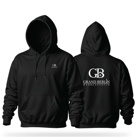 Grand Berlin Werbeagentur & Copyshop – Am Kottbusser Tor Schwarzer Hoodie mit hochwertigem Textildruck, ideal für Corporate Wear, Promotion und Merchandise mit langlebiger Druckqualität.