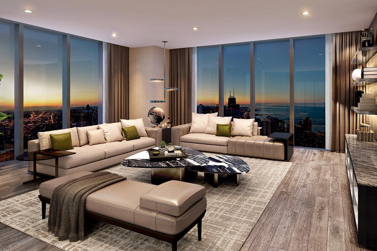 St. Regis Chicago Residence Living Area During Sunset