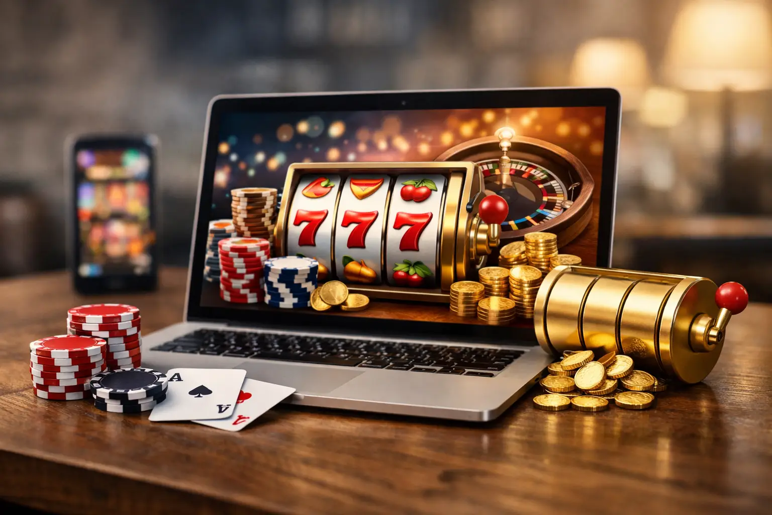 A laptop displays a virtual casino scene featuring a slot machine with three sevens, a roulette wheel, and stacks of casino chips and gold coins. In front of the laptop, on a wooden table, are more casino chips and two playing cards (Ace of Spades and Ace of Hearts). A smartphone showing a colorful game interface is visible in the background, slightly out of focus. The overall scene suggests an online gambling or sweepstakes casino environment.