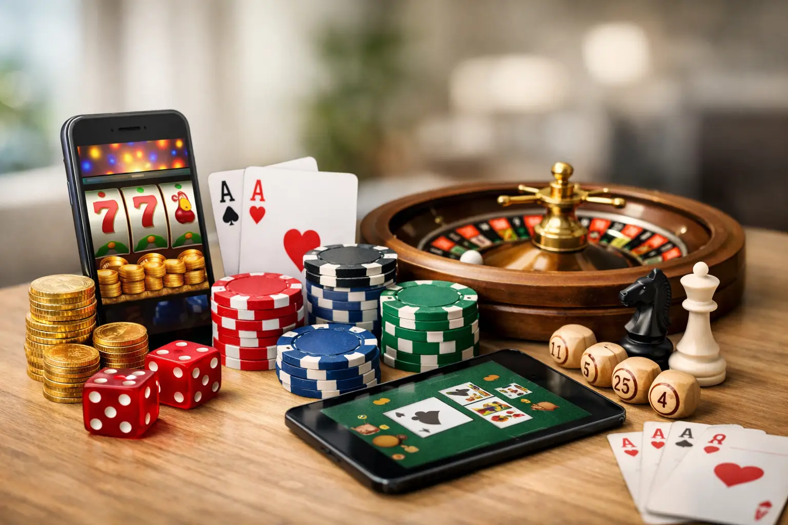 A collection of casino-themed items are displayed on a wooden surface, including a roulette wheel, stacks of poker chips in red, blue, green, and black, gold coins, red dice, chess pieces (a black knight and a white queen), numbered wooden cubes, playing cards (including a pair of aces, and several aces and kings), a smartphone displaying a slot machine game, and a tablet displaying a card game. The background is softly blurred, suggesting an indoor setting, possibly a room or a studio.
