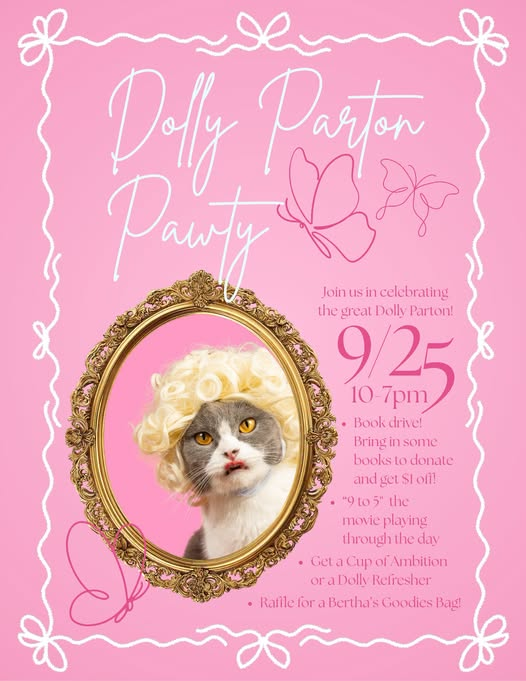 Celebrate Dolly Parton at Bertha’s Beans Cat Café on September 25! Enjoy themed décor, specialty dri 