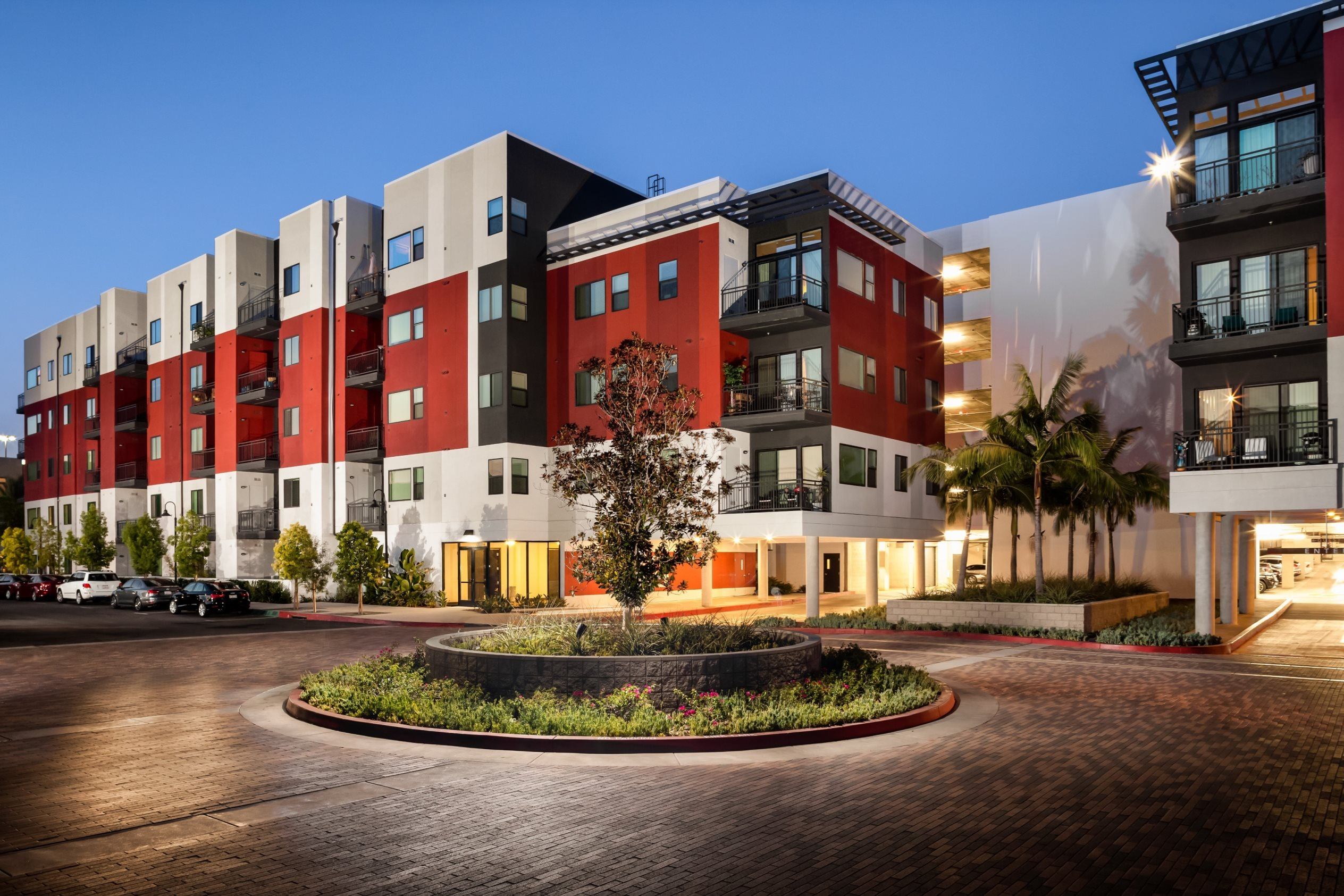 A modern building with a courtyard in the center.