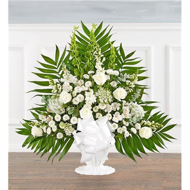 Tranquility Floor Basket&trade; - All White Offer comfort and tranquility with a truly special display. Our floor basket arrangement is a unique addition to the services, standing over three feet high with lush greenery that cascades out for an elegant presentation.