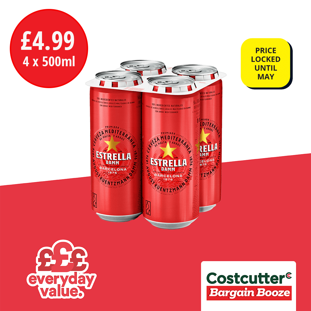 £4.99 estrella 4 x 500ml cans Costcutter featuring Bargain Booze Mold 01352 700203