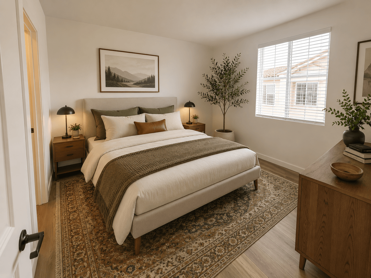 A bedroom with a large bed and a rug on the floor.