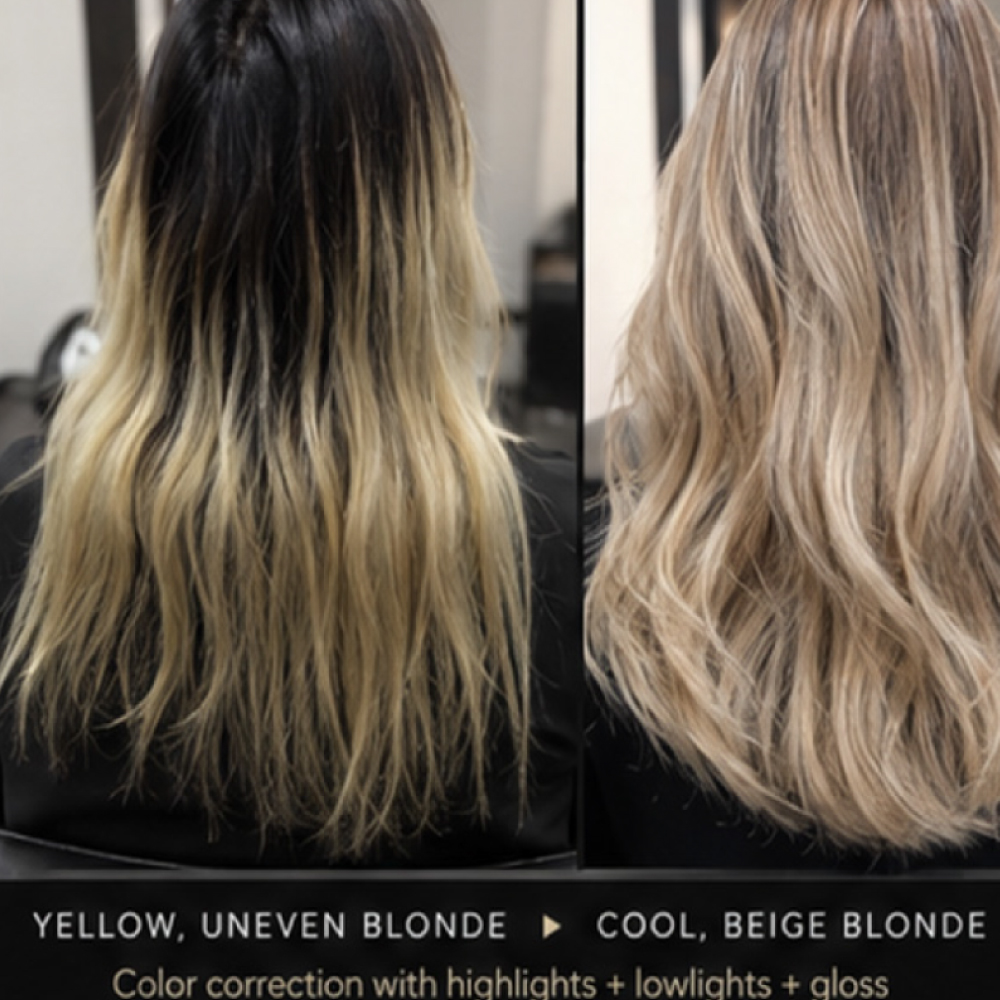 Expert color correction at Avissa Salon in Ann Arbor transformed uneven, yellow blonde hair into a b 