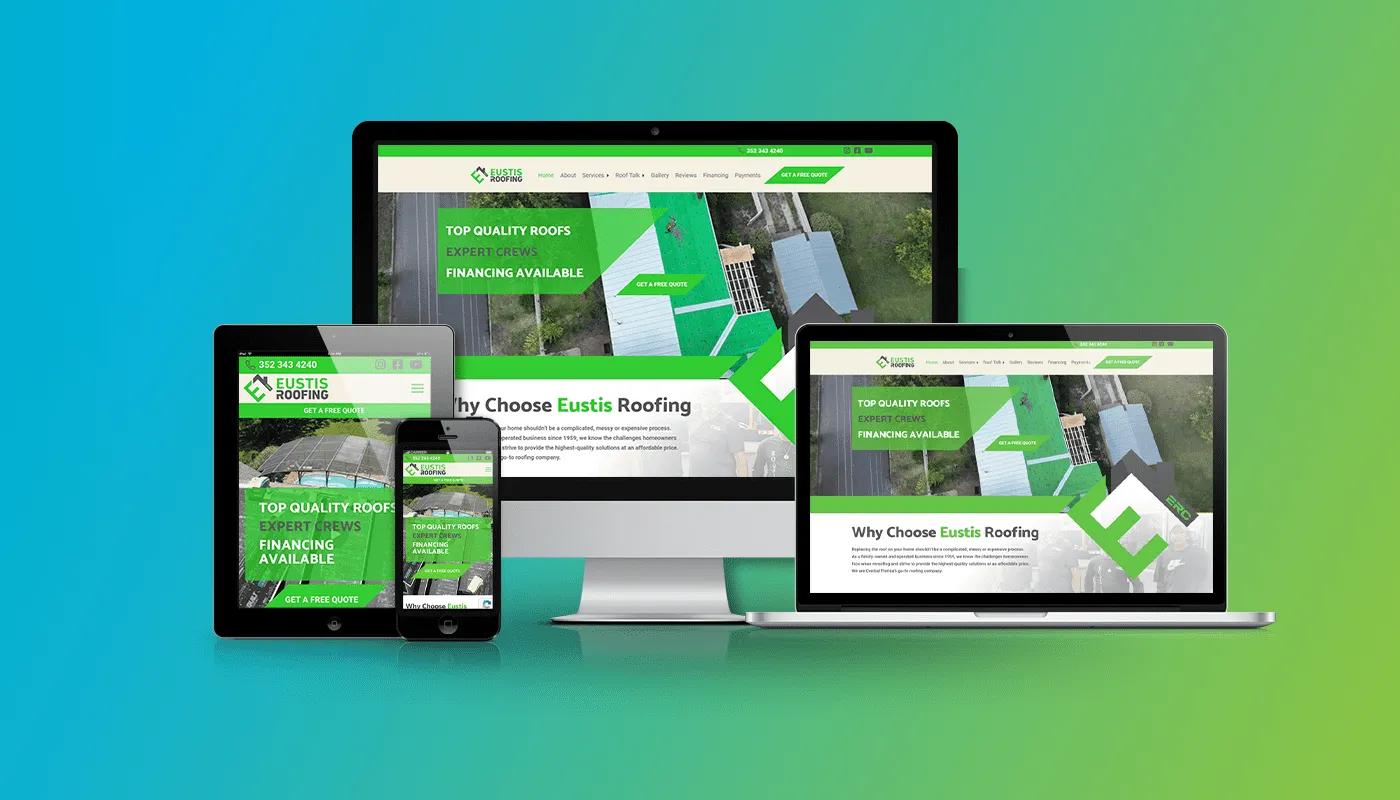 Various devices display a responsive website for "Eustis Roofing" on screens, featuring a green-themed design with images of roofs and promotional text.
