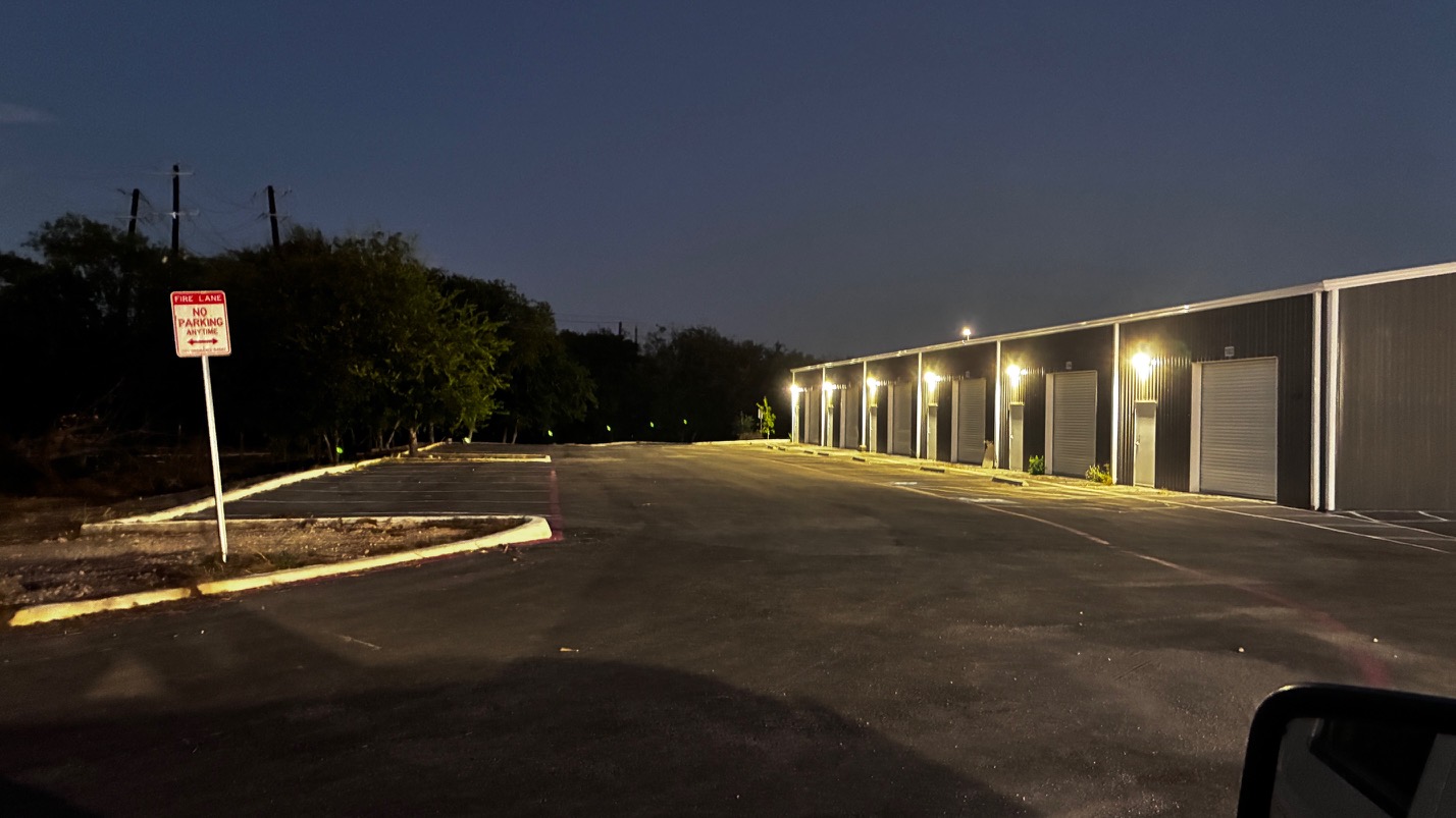 Completed commercial storage and warehouse development demonstrating comprehensive site engineering, 