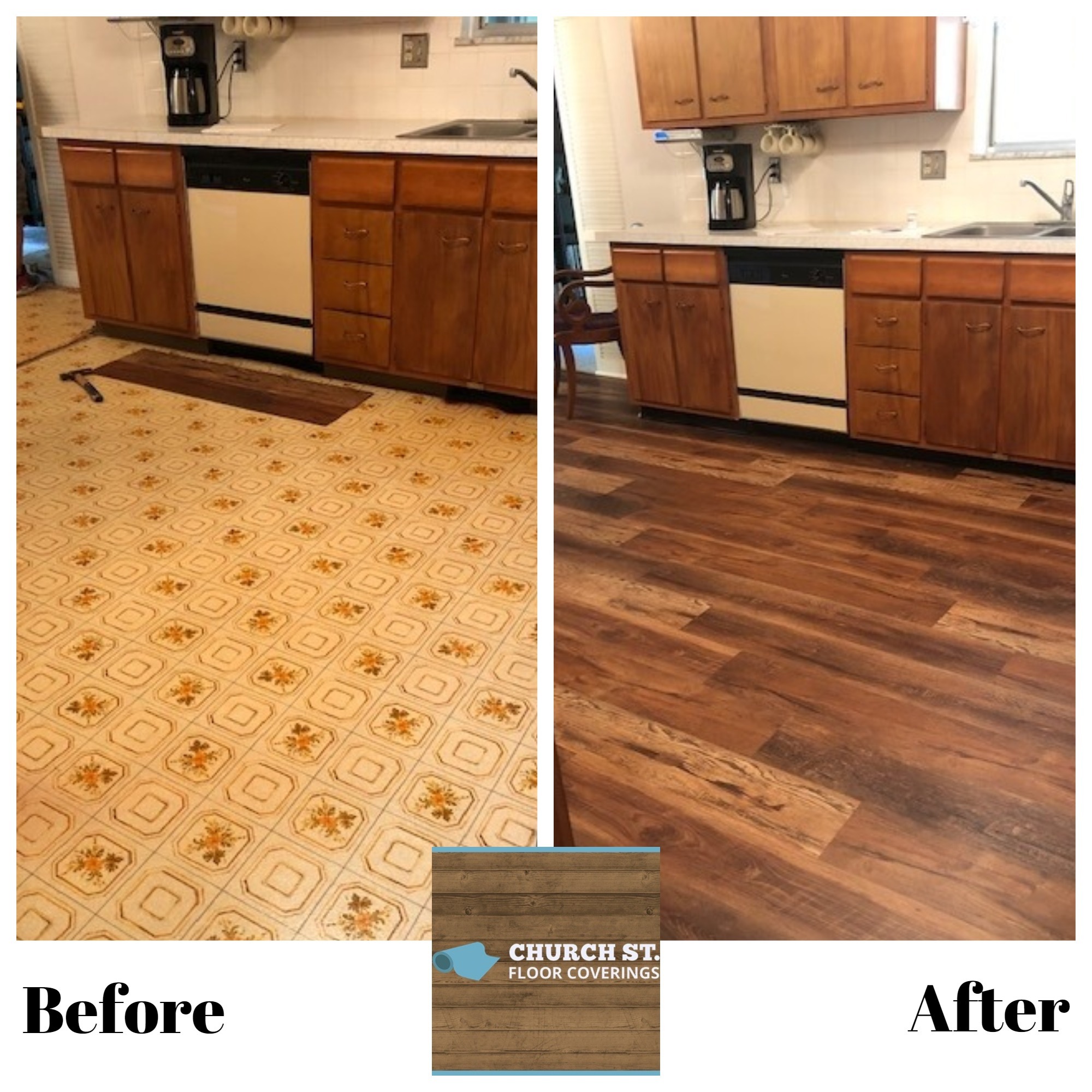 Kitchen flooring installation: Before and After Church Street Floor Coverings Newark (740)345-5905