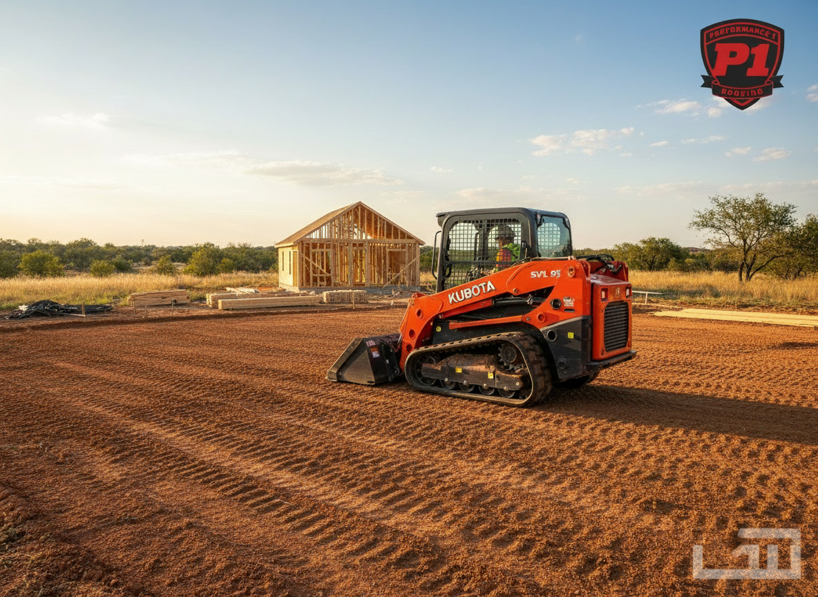 A compact track loader sits on a freshly graded residential building pad, showcasing completed site preparation before foundation installation with a framed home visible in the background.