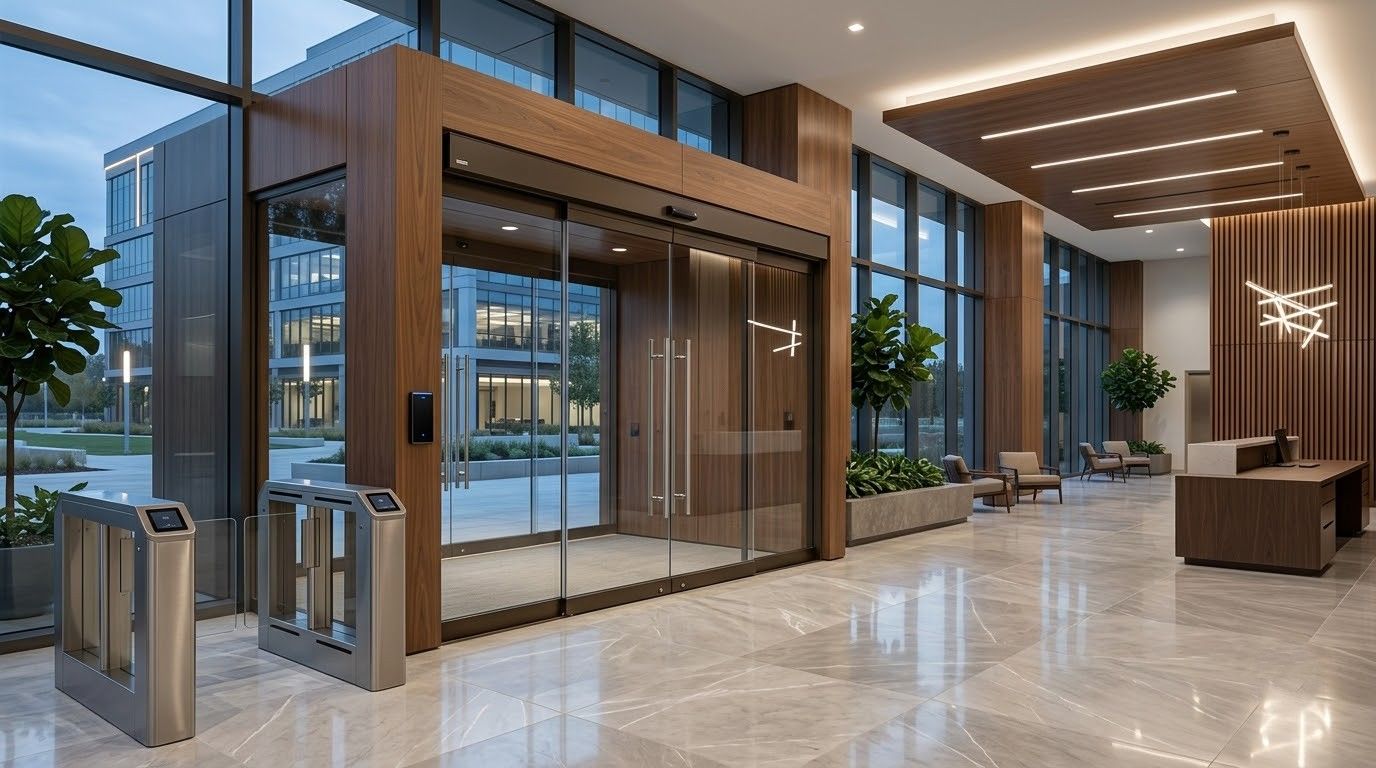 Modern commercial lobby featuring large glass automatic entry doors, warm wood wall panels, polished flooring, security gates, indoor plants, and contemporary lighting for an upscale business environment today for visitors.