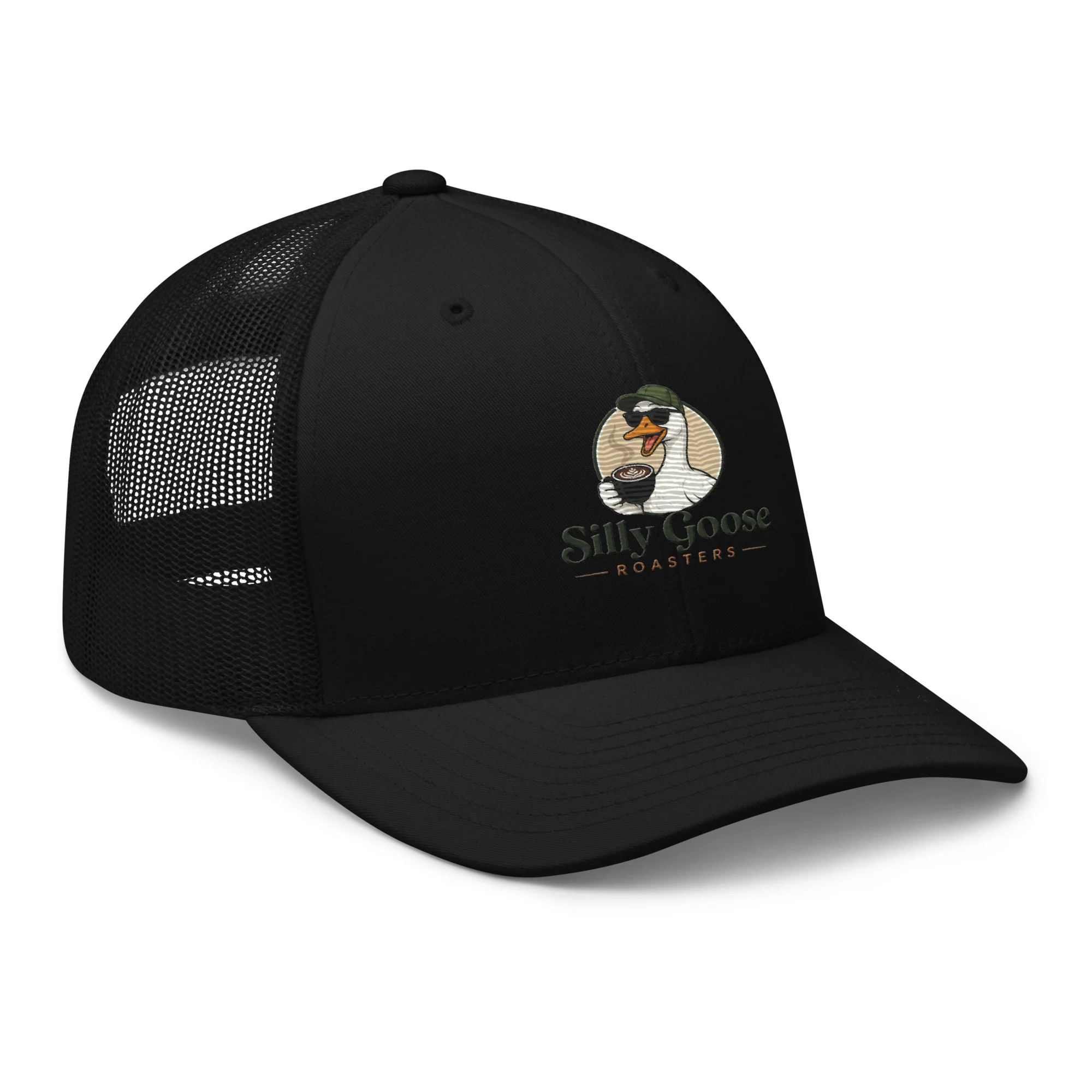 A black trucker hat with a logo on the front. The logo features a cartoon goose wearing sunglasses and a hat, holding a cup of coffee. The text "Silly Goose Roasters" is written below the goose. The hat has a mesh back.