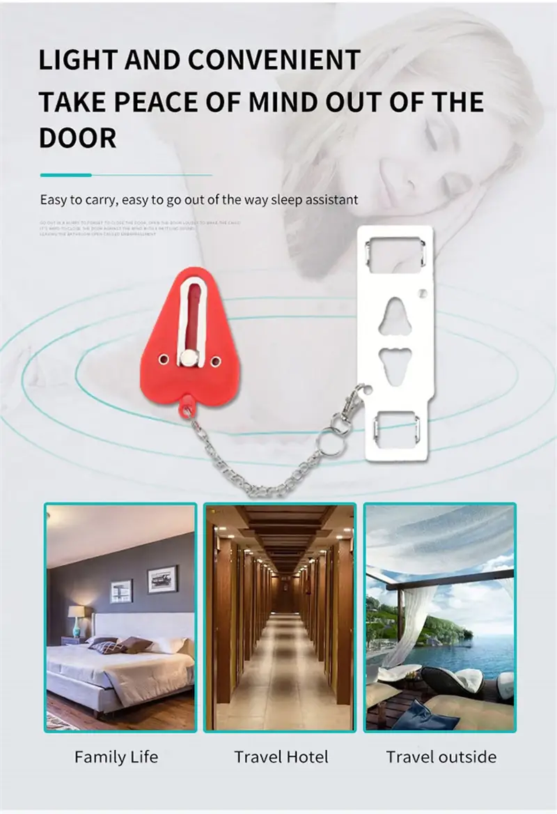 A product advertisement featuring a red door security device, a white metal tool, and three lifestyle images. The top section has text highlighting the product's features: "LIGHT AND CONVENIENT TAKE PEACE OF MIND OUT OF THE DOOR" and "Easy to carry, easy to go out of the way sleep assistant." The product itself, a red heart-shaped device with a metal insert and chain, is shown next to a white multi-tool with various cutouts. Below, three smaller images depict different scenarios: a bedroom labeled "Family Life," a hotel hallway labeled "Travel Hotel," and an outdoor seating area with an ocean view labeled "Travel outside."