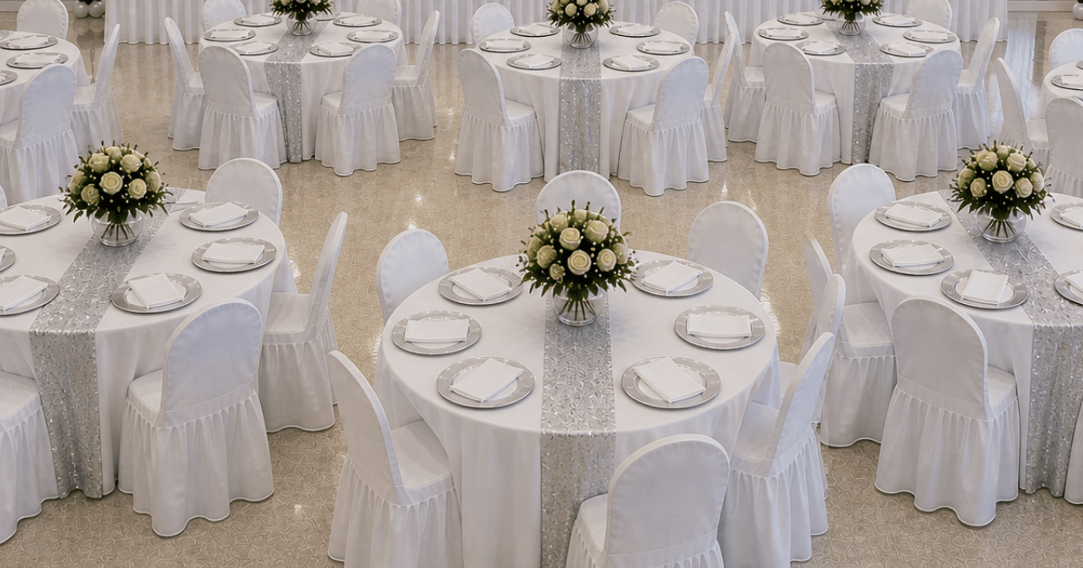 An overhead view of a formal dining setup with multiple round tables draped in white tablecloths, each adorned with a floral centerpiece of white roses and a shimmering silver runner. Silver-rimmed plates and white napkins are neatly arranged on each table, with white chair covers adding to the elegant presentation.