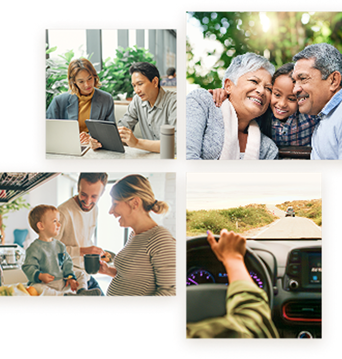 A collage of four images: one of professionals working together, one of a young family of three, one of a granddaughter hugging her grandparents, and one of a hand on a car's steering wheel.