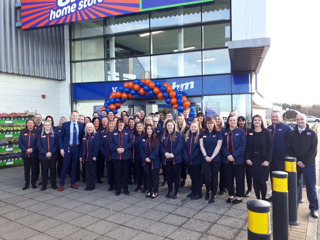 The store team at B&M's newest store in Robroyston pose in front of their wonderful new Home Store, located at Wallace Well Retail Park.