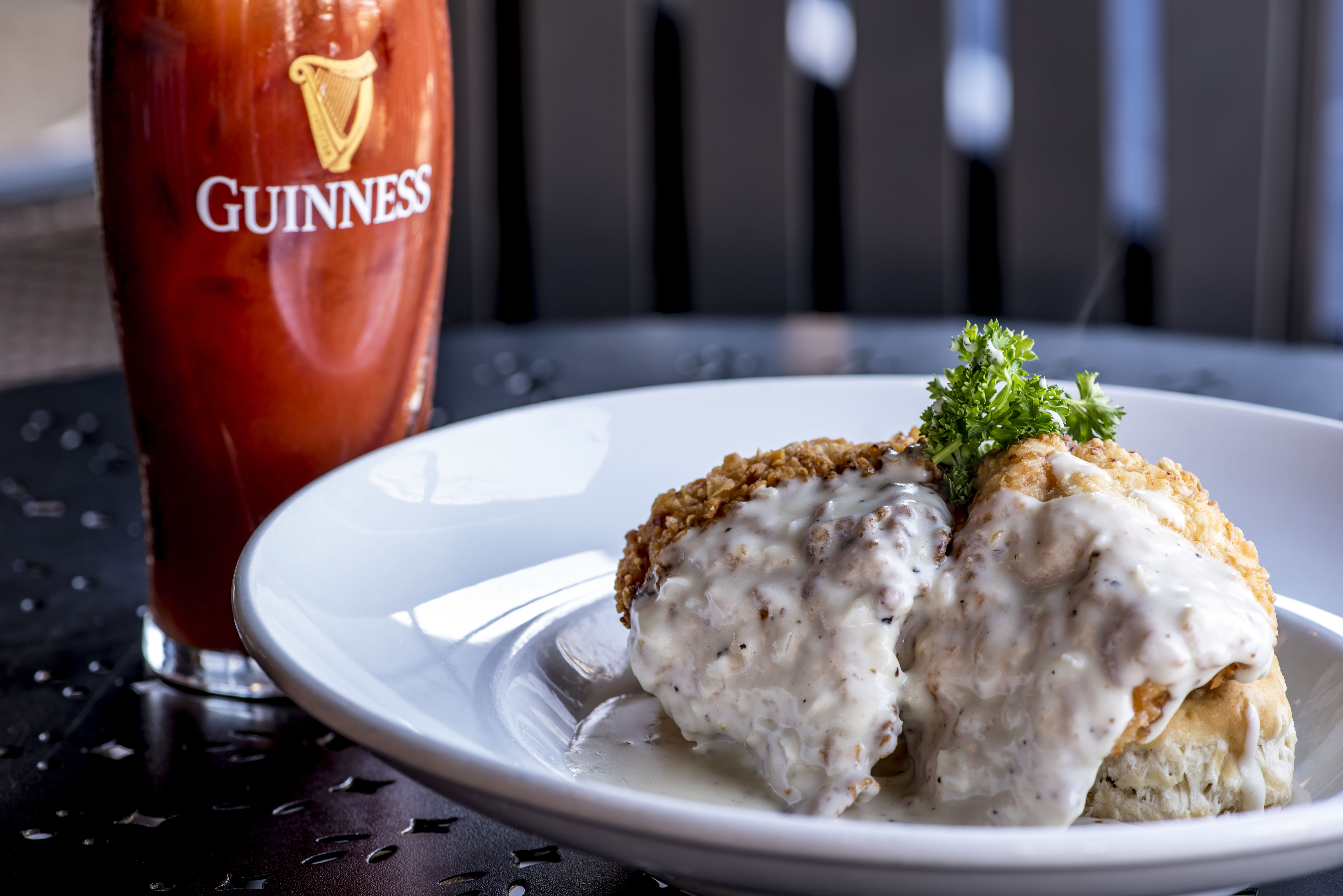 buttermilk fried chicken, biscuits topped with house-made country gravy