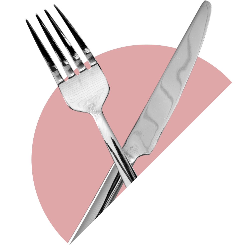 Crossing fork and knife on top of a pink semi circle.
