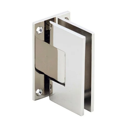 A polished nickel shower door hinge is shown in the image against a white background. The hinge is made of metal and has a sleek, modern design. It appears to be a heavy-duty hinge, suitable for glass shower doors. The hinge is attached to a flat plate with two screws visible.