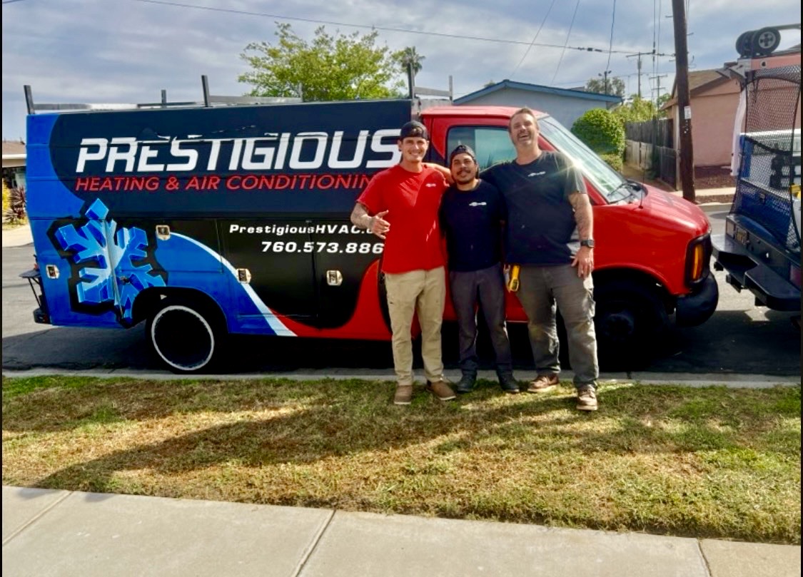 Prestigious Heating & Air Conditioning service vehicle and technician providing professional HVAC repair and installation services throughout North County San Diego.