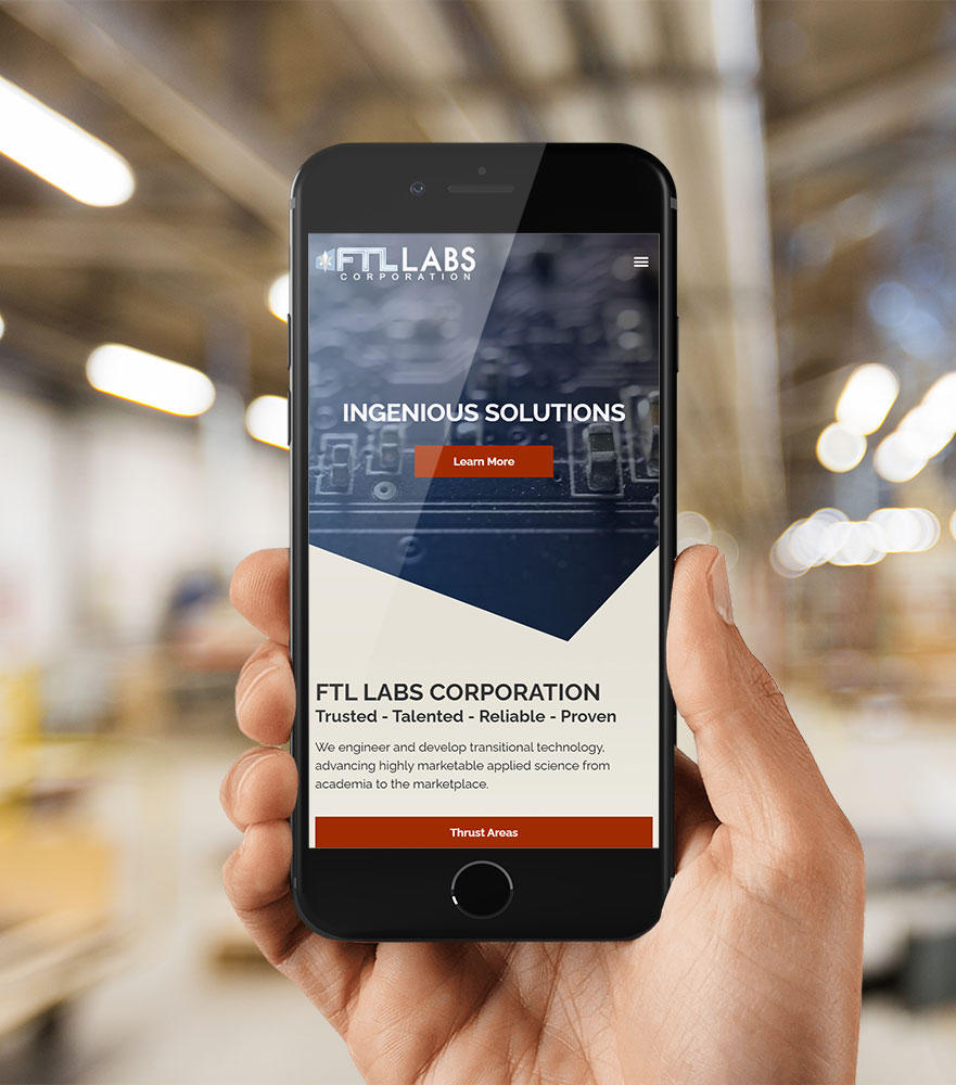 iPhone Mockup of website design for high tech firm FTL Labs