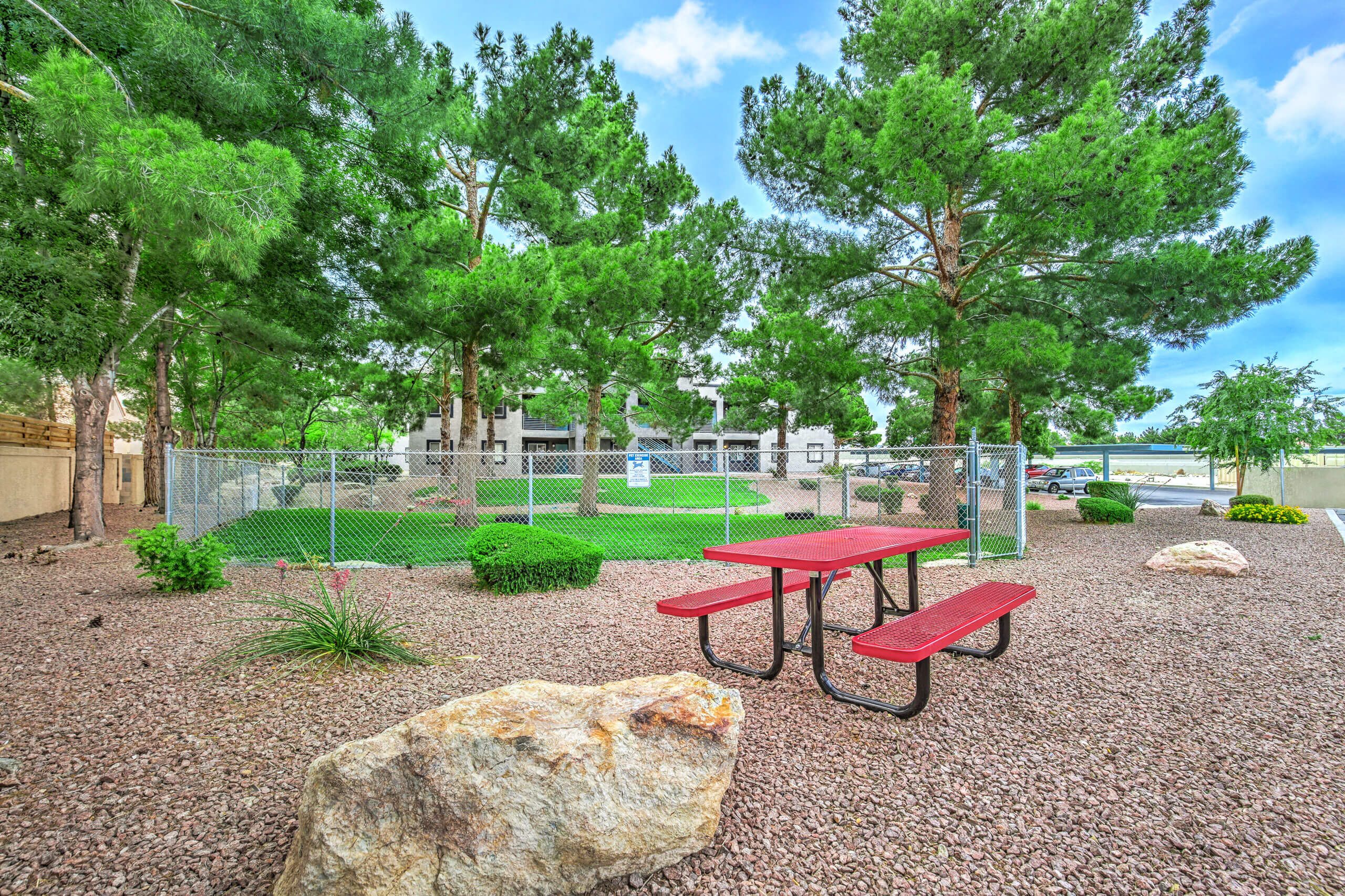 Picnic table and bench in a park with trees