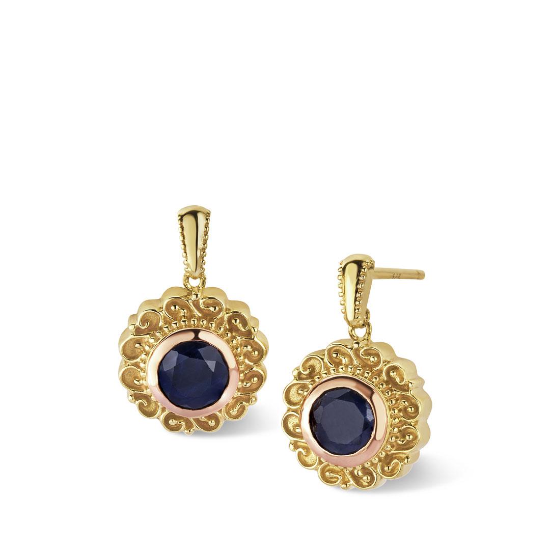 Clogau Welsh Gold Filigree Gold and Sapphire Drop Earrings Autumn and May London 020 8293 9361