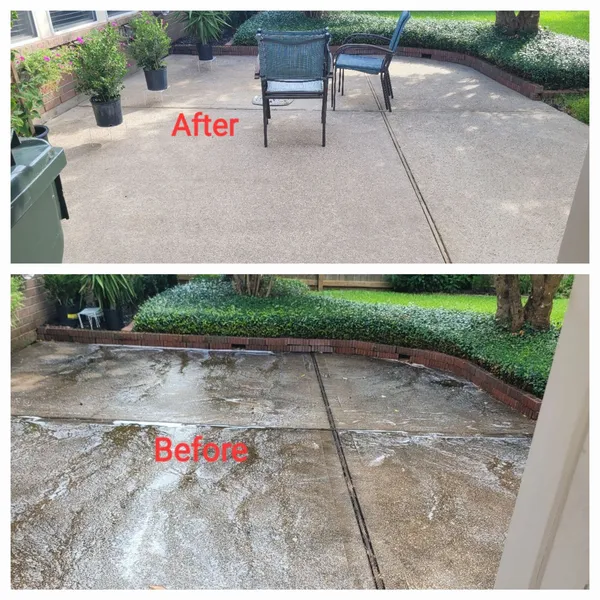 A split image showing a backyard patio before and after cleaning. The top image, labeled 'After,' depicts a clean and dry concrete patio with two outdoor chairs and potted plants. The bottom image, labeled 'Before,' shows the same patio covered in water and grime, suggesting it has just been power washed or is about to be. Lush green bushes and a brick border are visible in both images, as is a portion of a green trash bin in the top left corner.