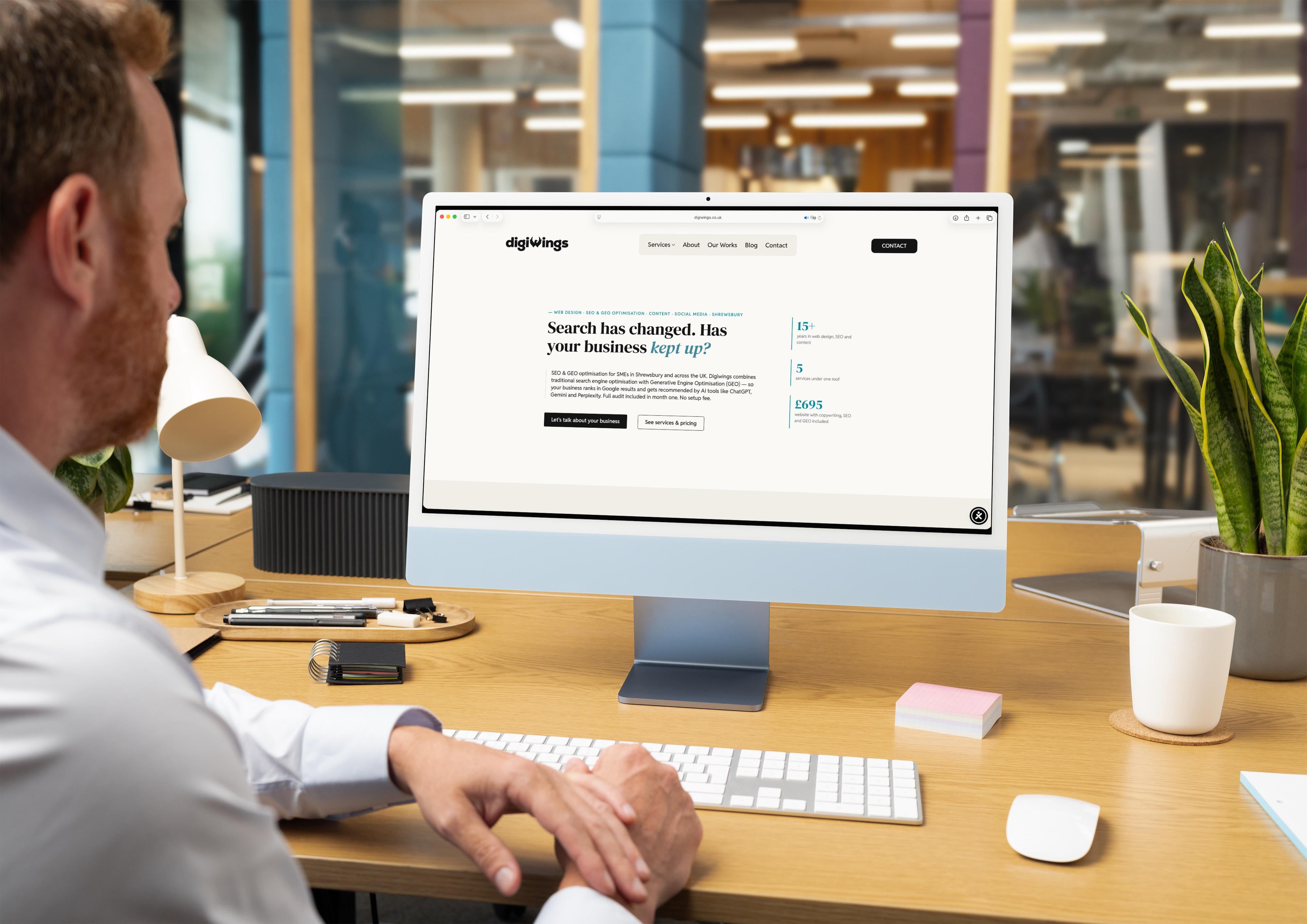 Digiwings web design and SEO agency Shrewsbury homepage displayed on desktop computer