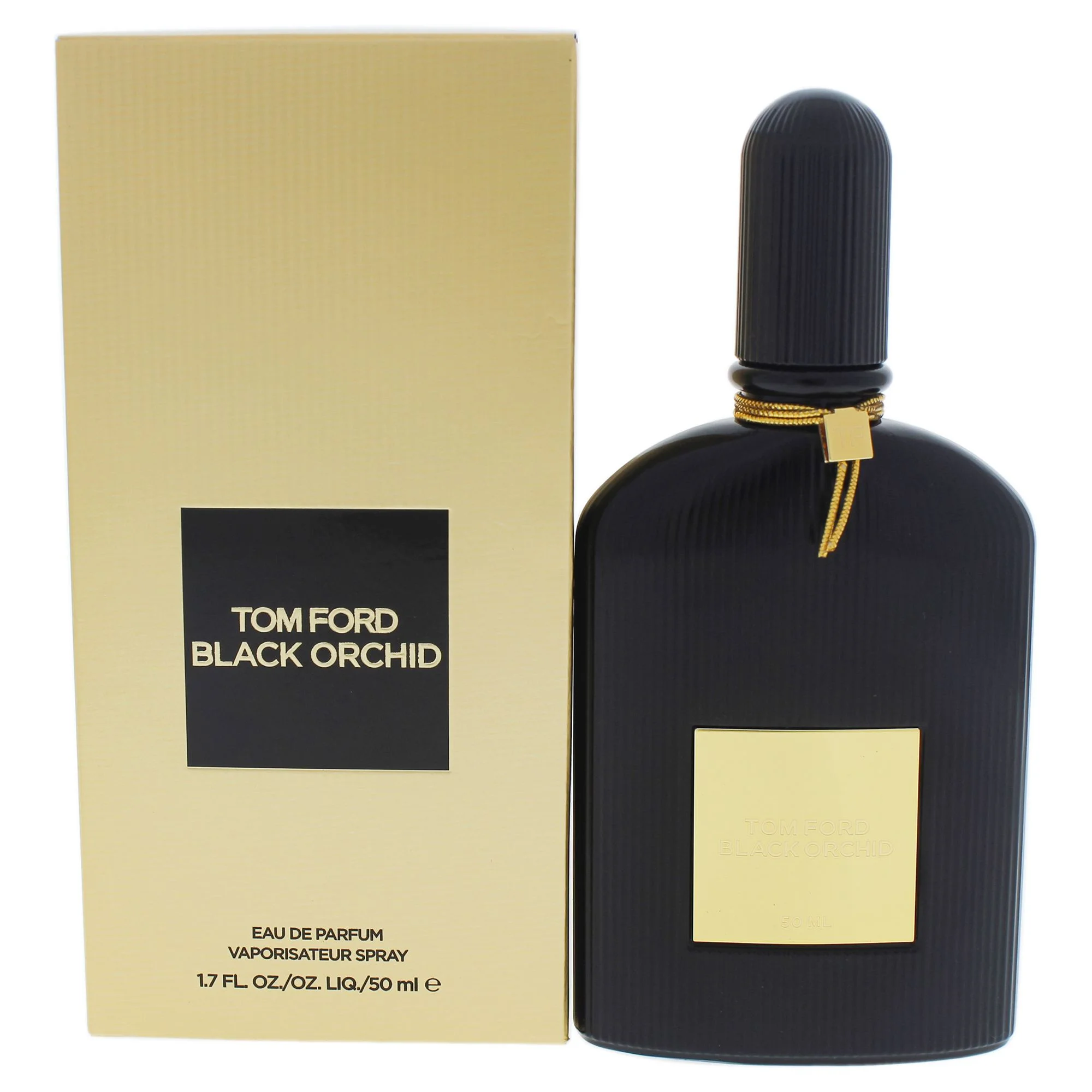 A black Tom Ford Black Orchid perfume bottle and its gold box are displayed against a white background. The box features a black rectangular panel with the text "TOM FORD BLACK ORCHID" in gold lettering. Below this, "EAU DE PARFUM", "VAPORISATEUR SPRAY", and "1.7 FL. OZ./OZ. LIQ./50 ml e" are also printed in gold. The perfume bottle is black with a fluted texture and a gold cap. A gold cord is wrapped around the neck of the bottle.