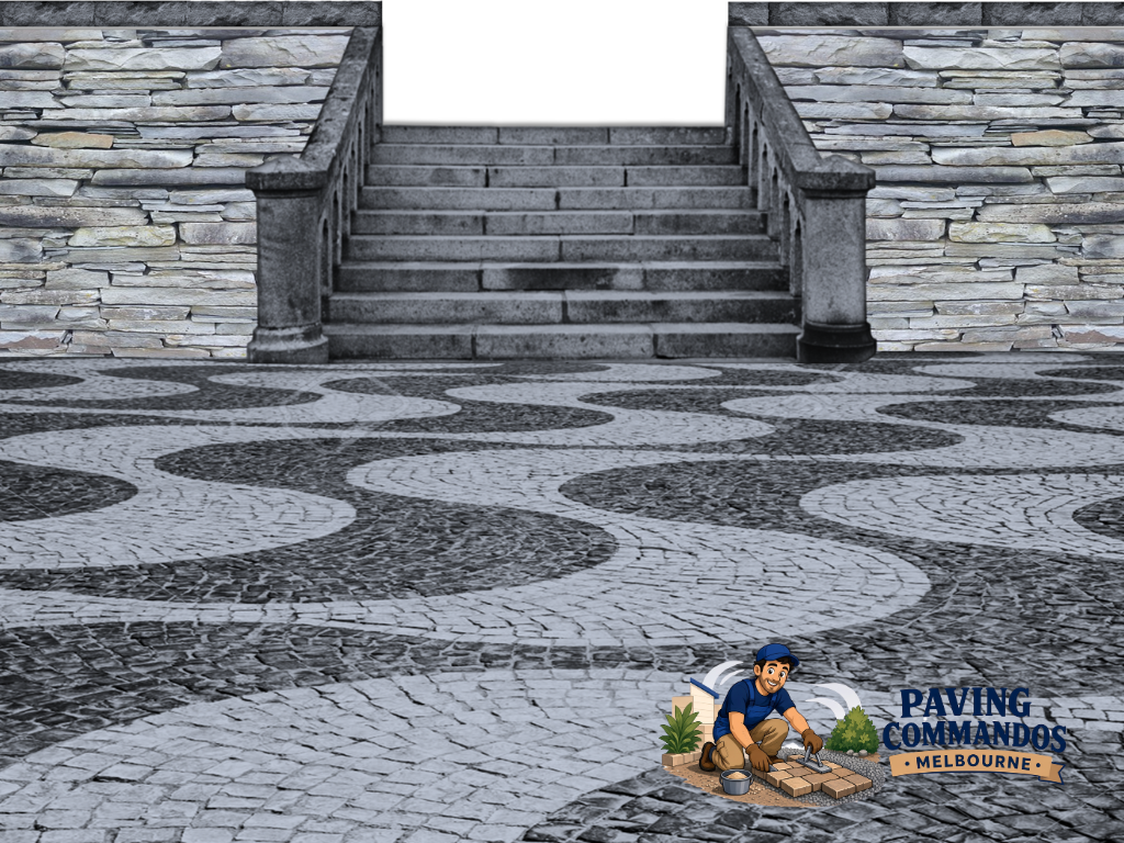 Decorative paver courtyard with a distinctive curved pattern, stone walls, and steps creating an attractive outdoor entrance.