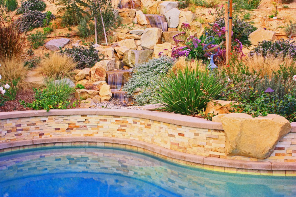 Lush desert garden with cascading rock waterfalls, colorful flowers, ornamental grasses, and a curved blue swimming pool in warm sunlight.