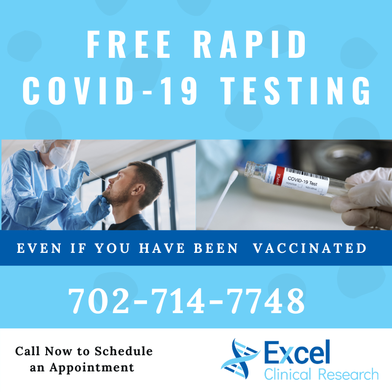 Get a free rapid COVID-19 test, at our Las Vegas site, even if you have had your vaccine. Call now to schedule your appointment. #Covid-19 #RapidTesting #ClinicalResearch #LasVegas