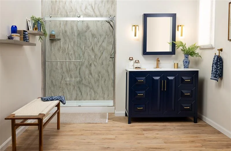 Walk-in shower remodel with Marble Ash wall system in Portland, Maine
